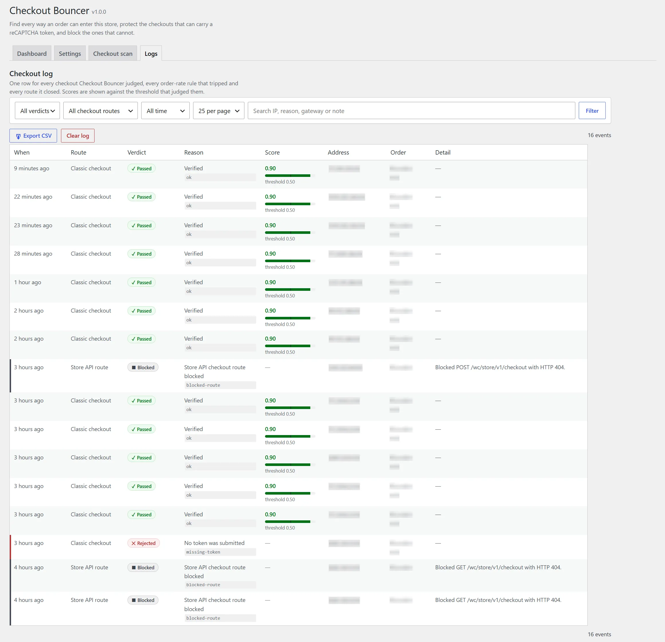 The Checkout Bouncer checkout log: one row per WooCommerce checkout judged, with verdict, route, reason and the reCAPTCHA score against the threshold.
