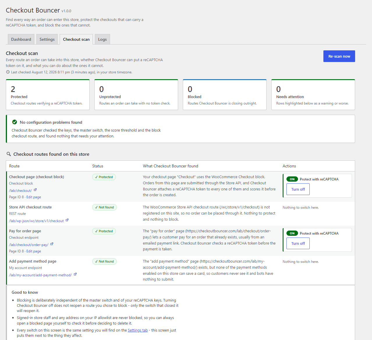The Checkout Bouncer scanner listing every WooCommerce checkout route found on the store, its status, and a one-click Protect or Block action.